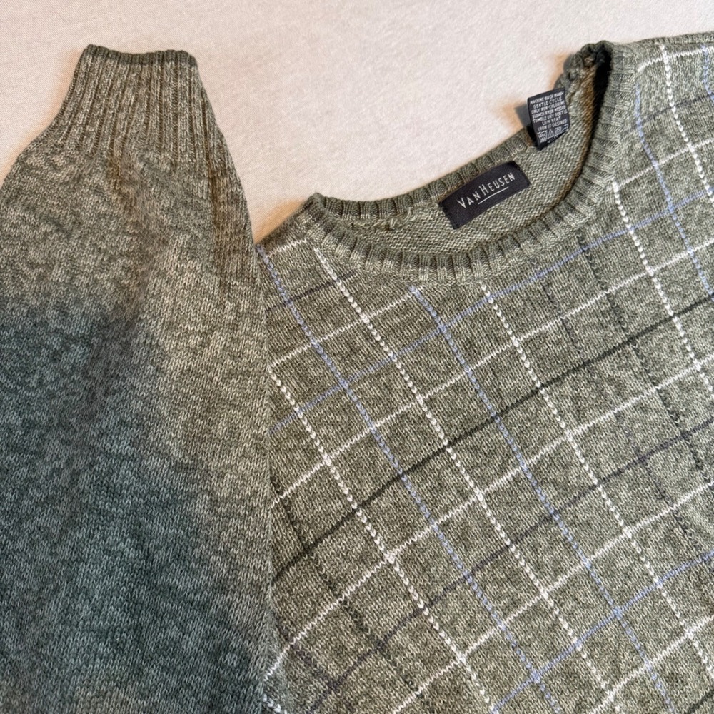 Van Heusen Mens Large Green Window Plaid Ramie Cotton Crew Neck Sweater Grampa